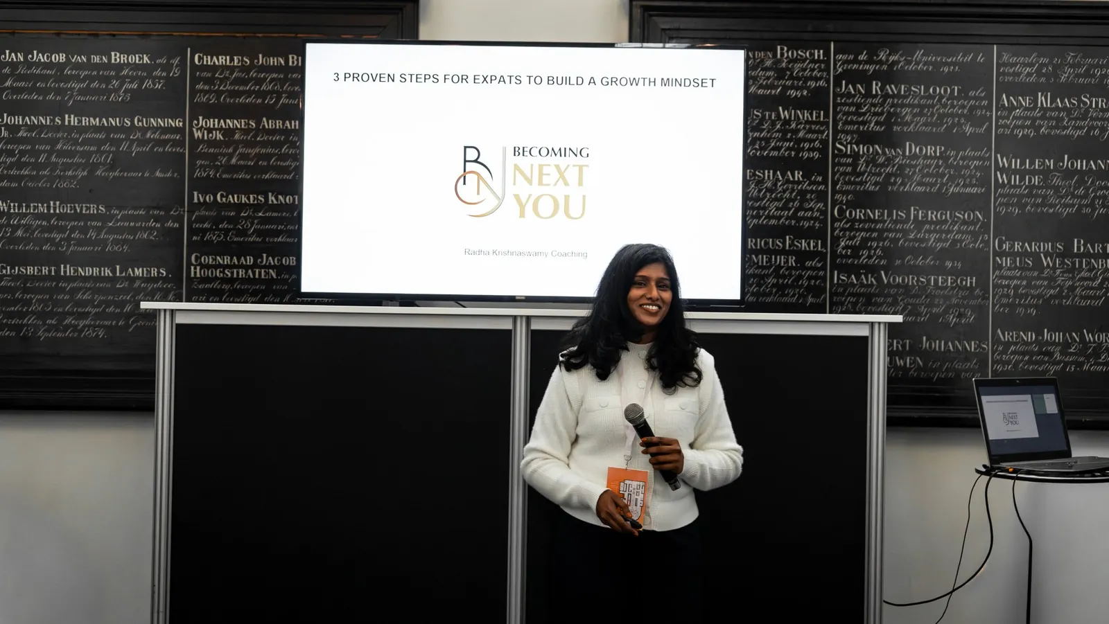 Radha Krishnaswamy giving a talk
